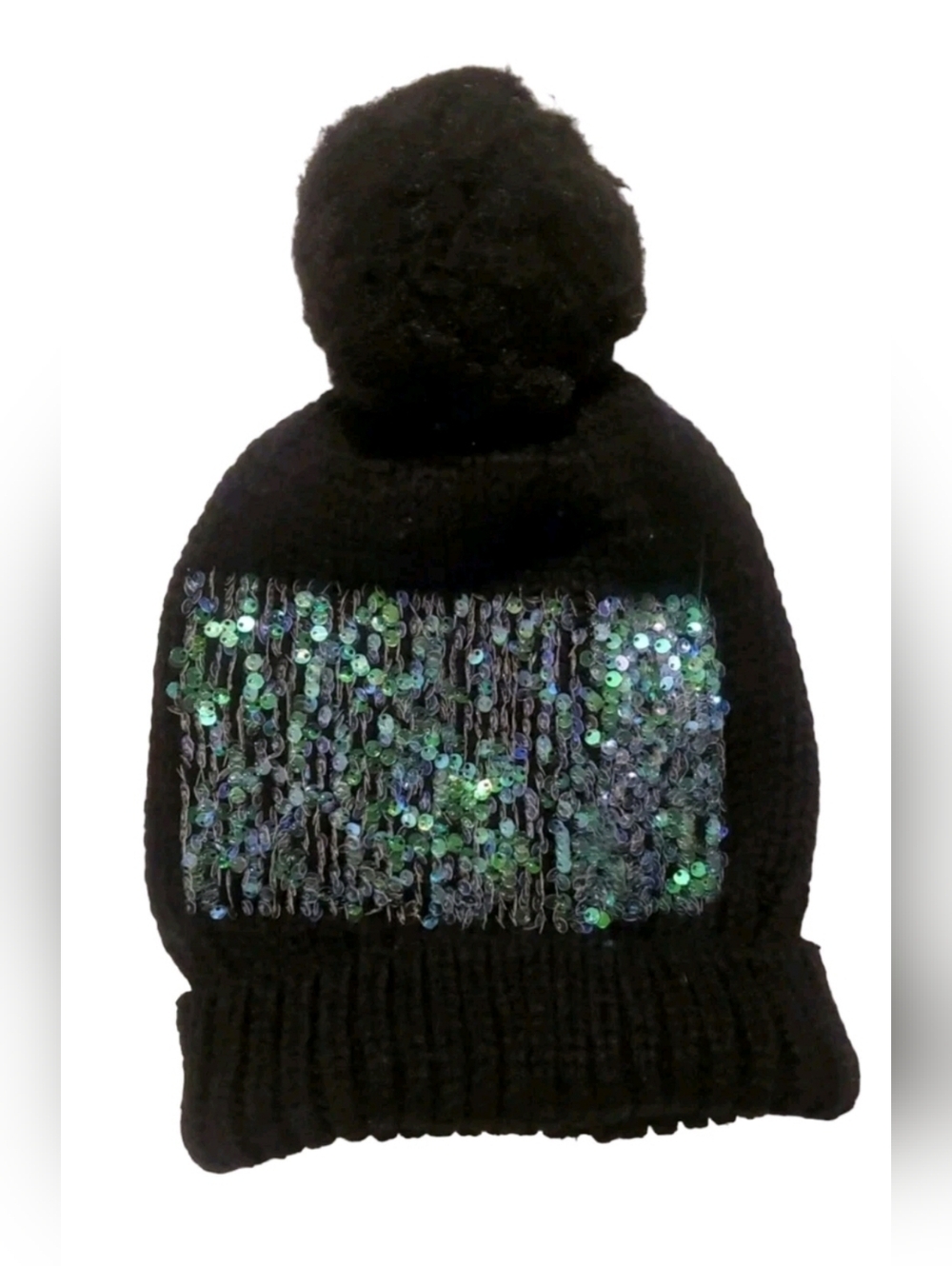 Kids Black Pom-Pom Beanie with Green and Blue Sequins